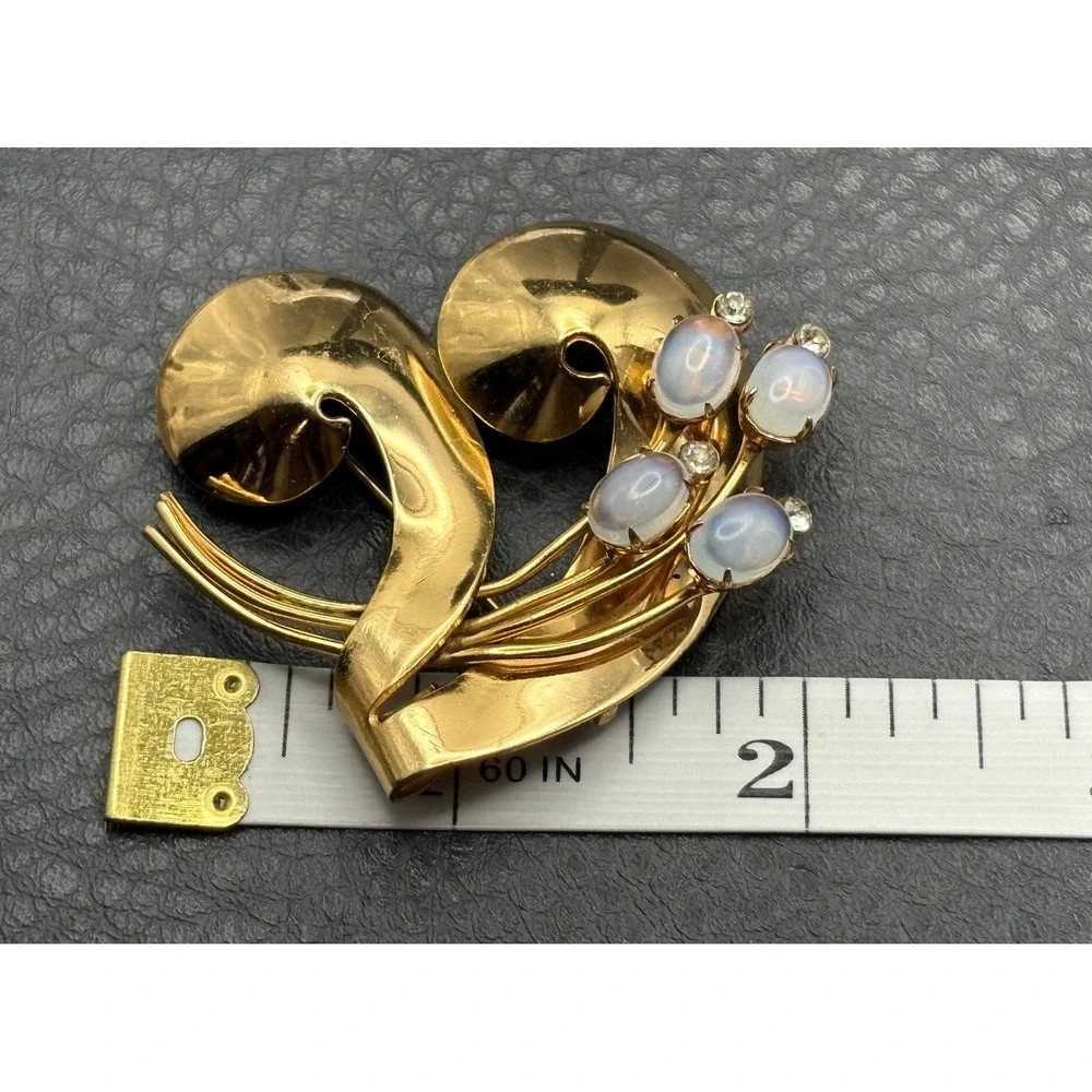 Vintage Coro Pegasus Faux Opal Glass Rhinestone Floral Brooch Modernist